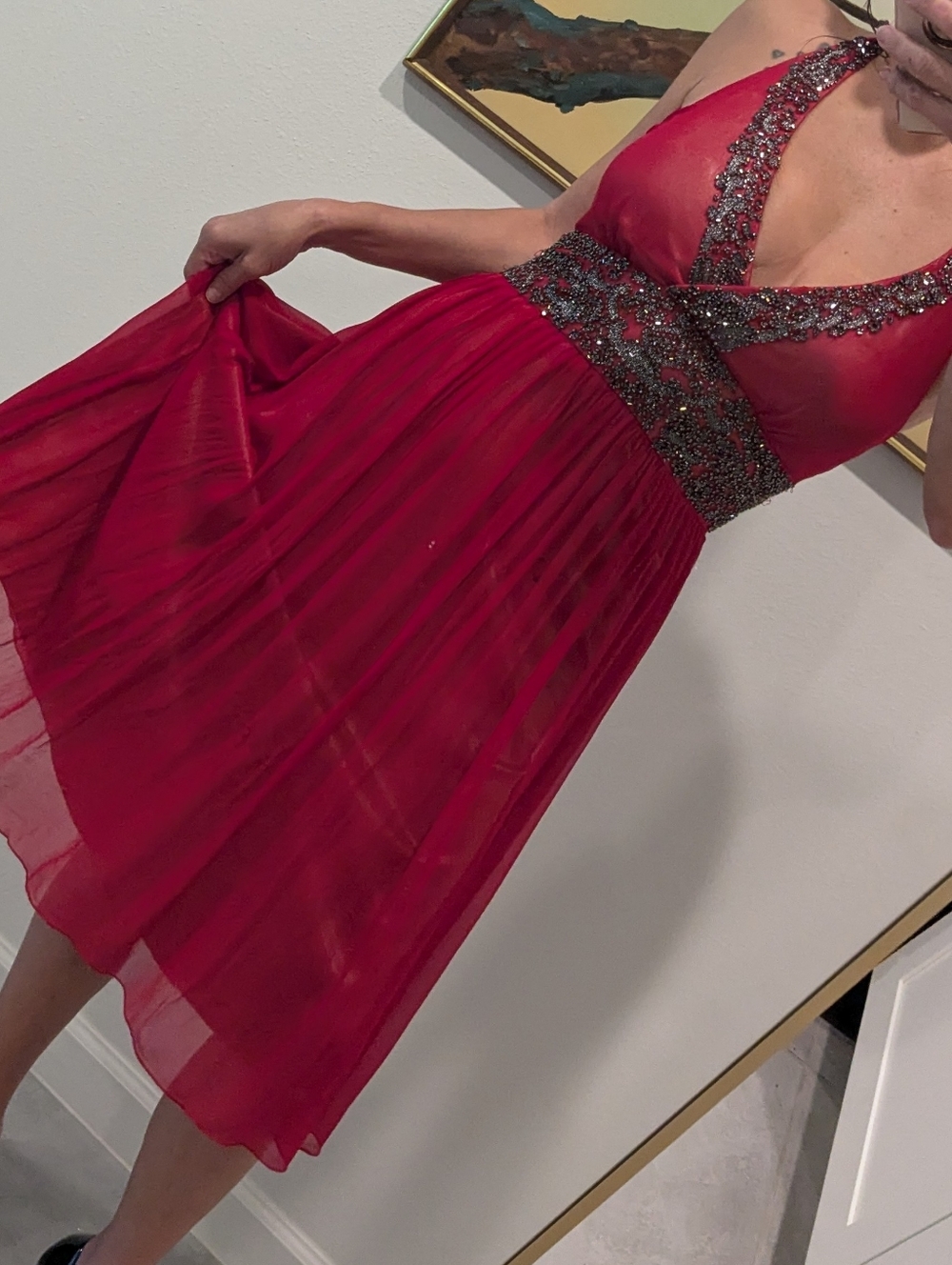 David's Bridal Red Gown with Beaded Halter, Very Flowy, Golden Satin Under